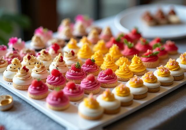 企業イベント用に並べられた、色とりどりのミニデザート